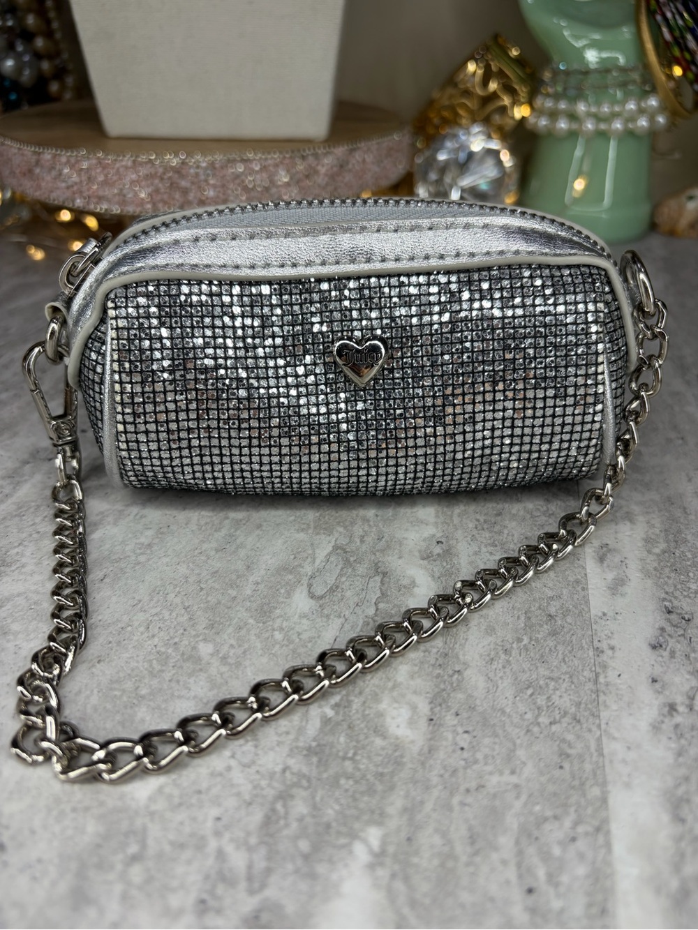 Mini Juicy Couture Barrel Coin Purse Sparkly Rhinestone Micro Bag